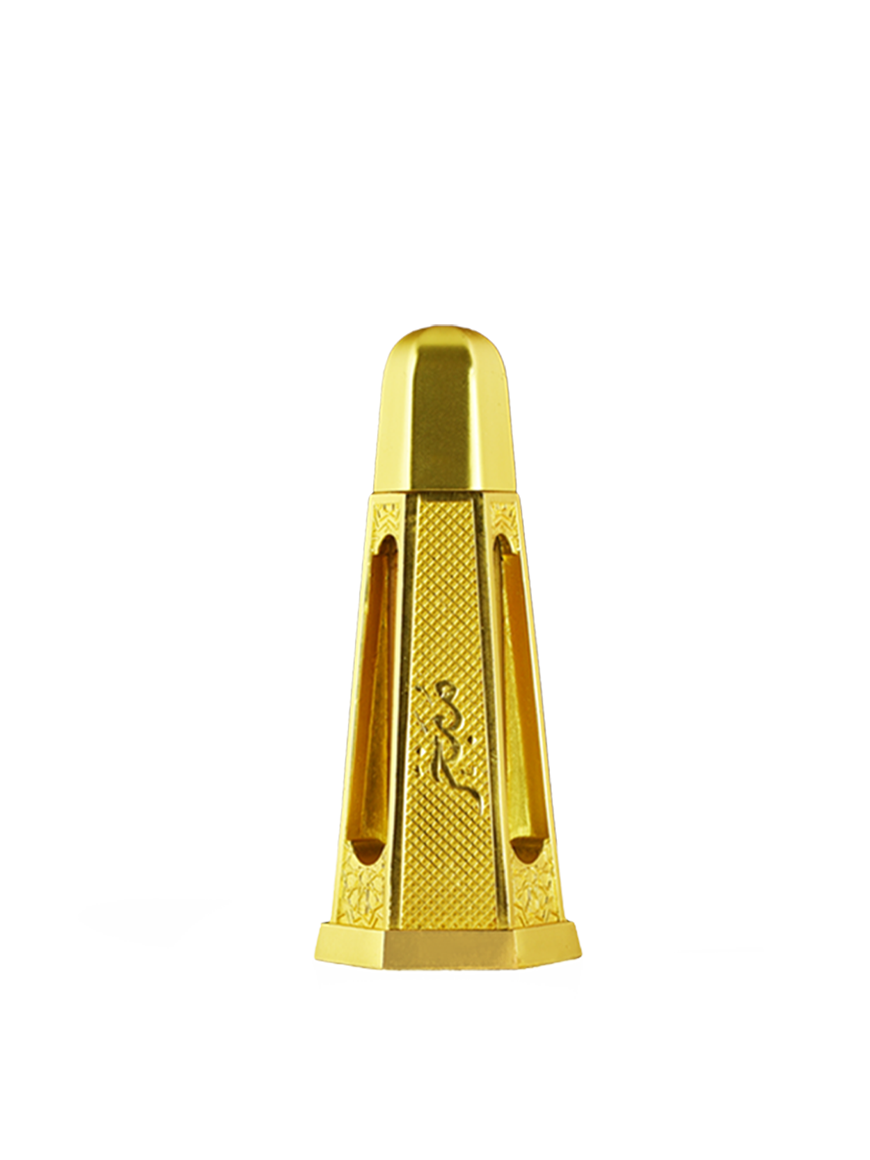 Dehn-al-oud-mubakhar featuring a gold and yellow design on  the oud container. | www.almukarramah.com