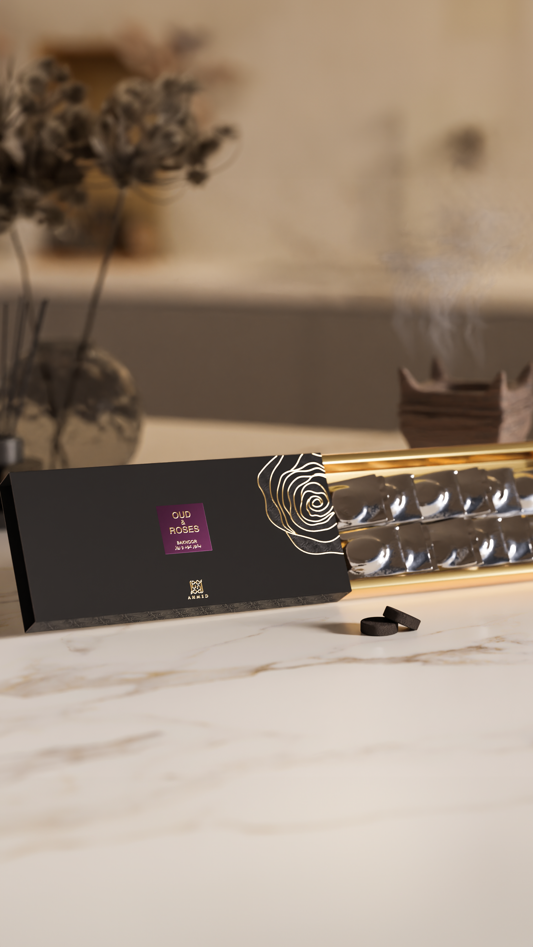 Bakhoor Oud and Roses, featuring a blend of fragrant oud wood chips with rose petals in a decorative packets.