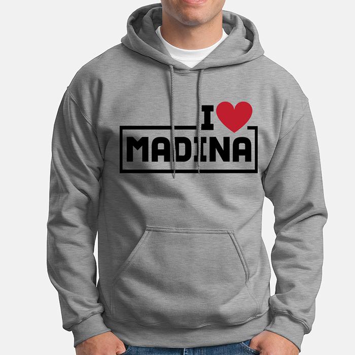 Luxurious cotton Hoodie I Love Madina Gray color - www.almukarramah.com