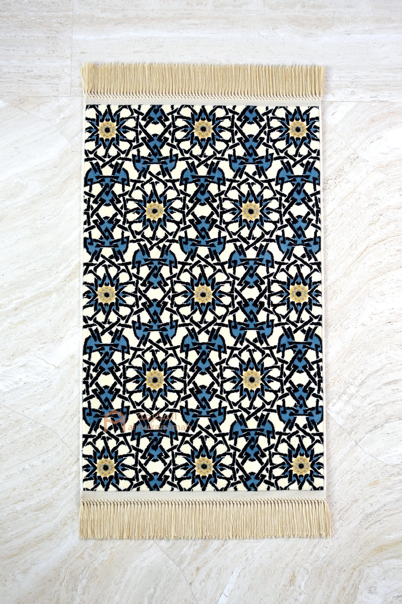 Luxurious quality Islamic Pattern Prayer Mat - Beige & Blue - www.almukarramah.com