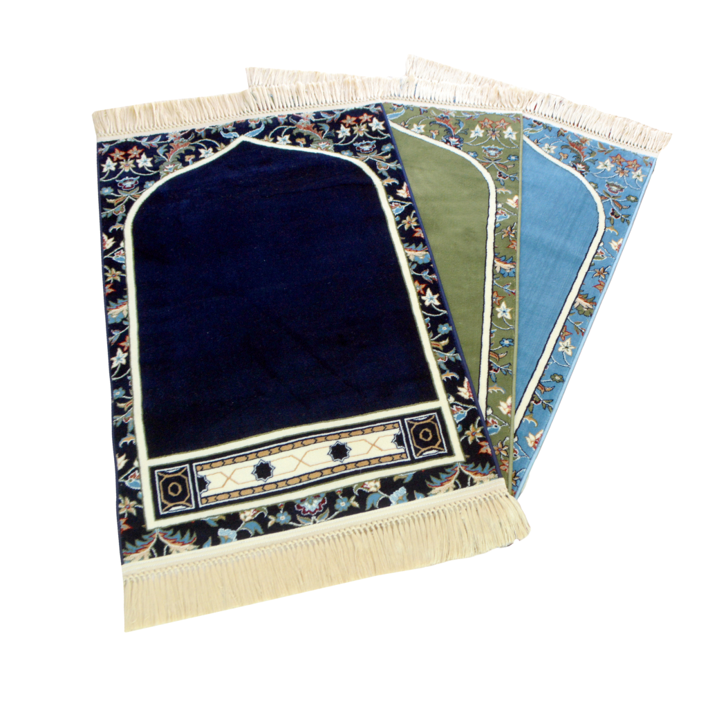 Three Imam Al Haram prayer mats displayed together: dark blue, green, and sky blue, each featuring intricate patterns and rich textures.