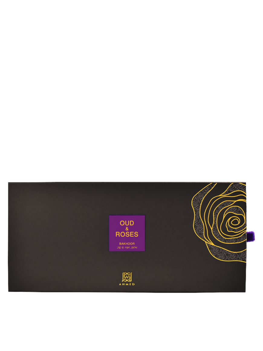 Bakhoor Oud and Roses, featuring a blend of fragrant oud wood chips with rose petals in a decorative box.