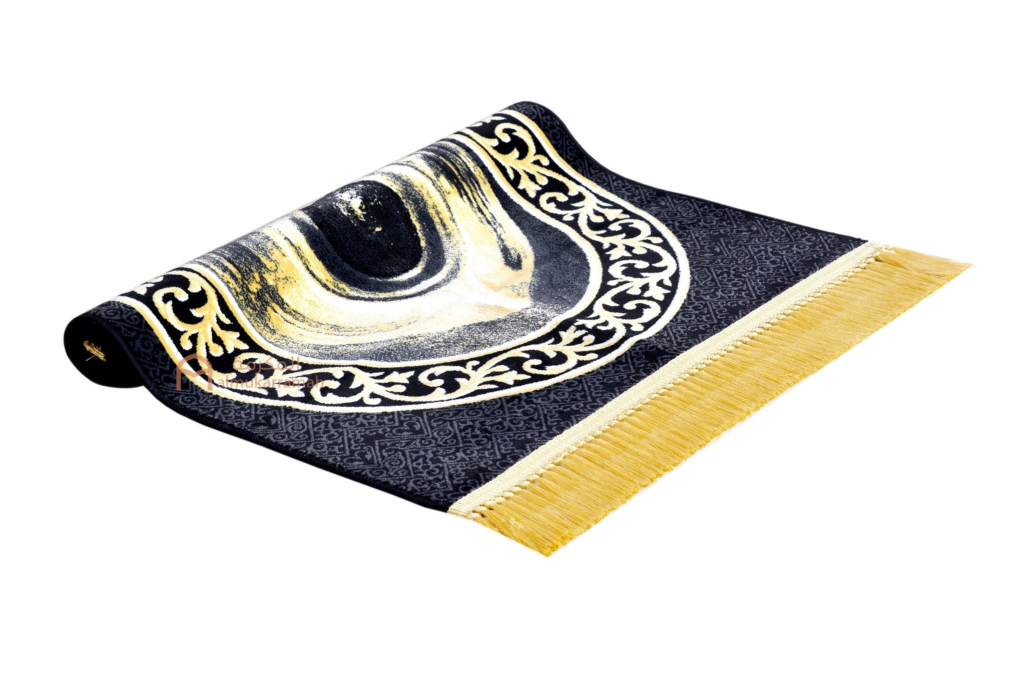 Hajr Al Aswad (Black Stone) Prayer Mat - Black & Gold - www.almukarramah.com