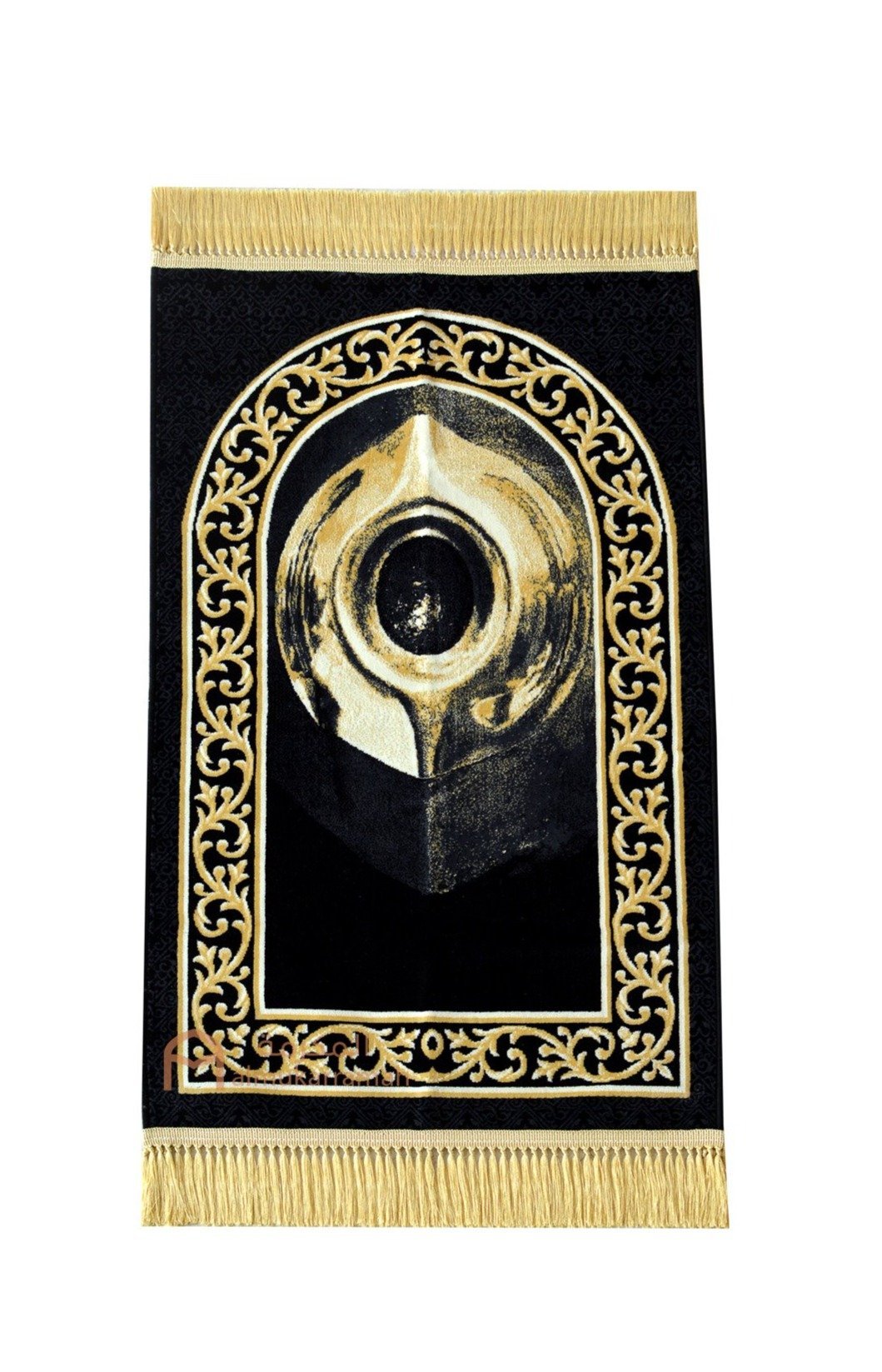 Hajr Al Aswad (Black Stone) Prayer Mat - Black & Gold - www.almukarramah.com