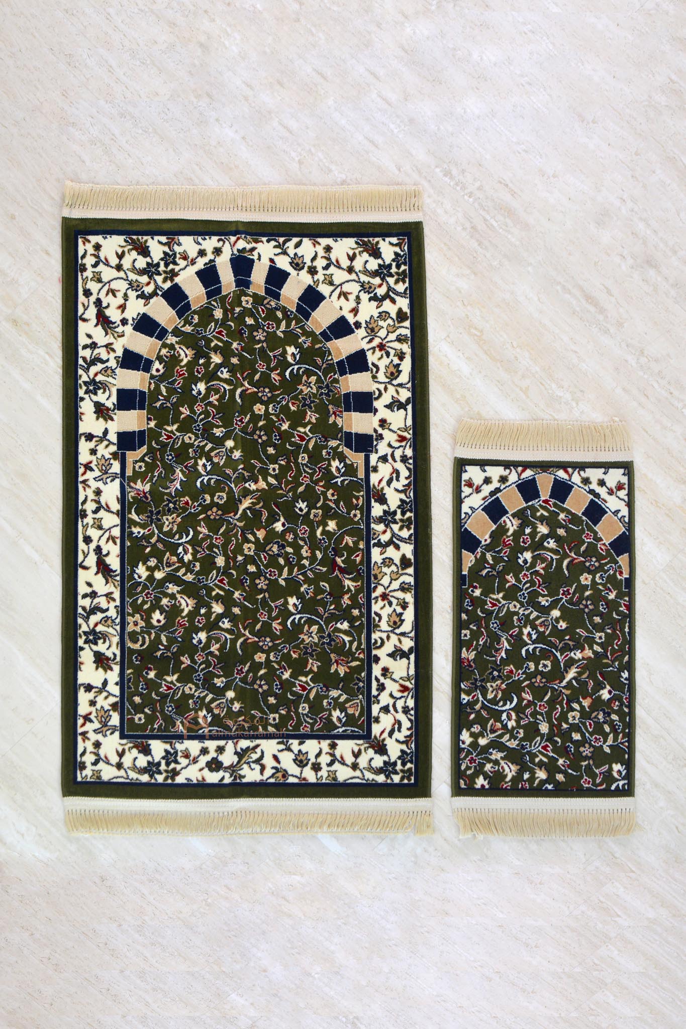 Set of 2 Al Rawda with haram arch patterns prayer mat - Green color - www.almukarramah.com